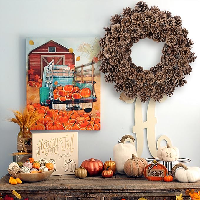 Fall Wreaths for Front Door 18 Inch Pine Cone Wreath for All Seasons, Fall Door Wreath for Home Decor, Farmhouse Wall Porch Window Door Decoration for Thanksgiving Christmas Celebration