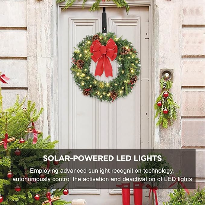Solar Christmas Wreath 24 Inches Pre-Lit Solar 50 Led Artificial Wreath Outdoor Front Door Window Christmas Decor with Frosted Branches Pine Cones Berry Clusters Red Velvet Bows (2401)