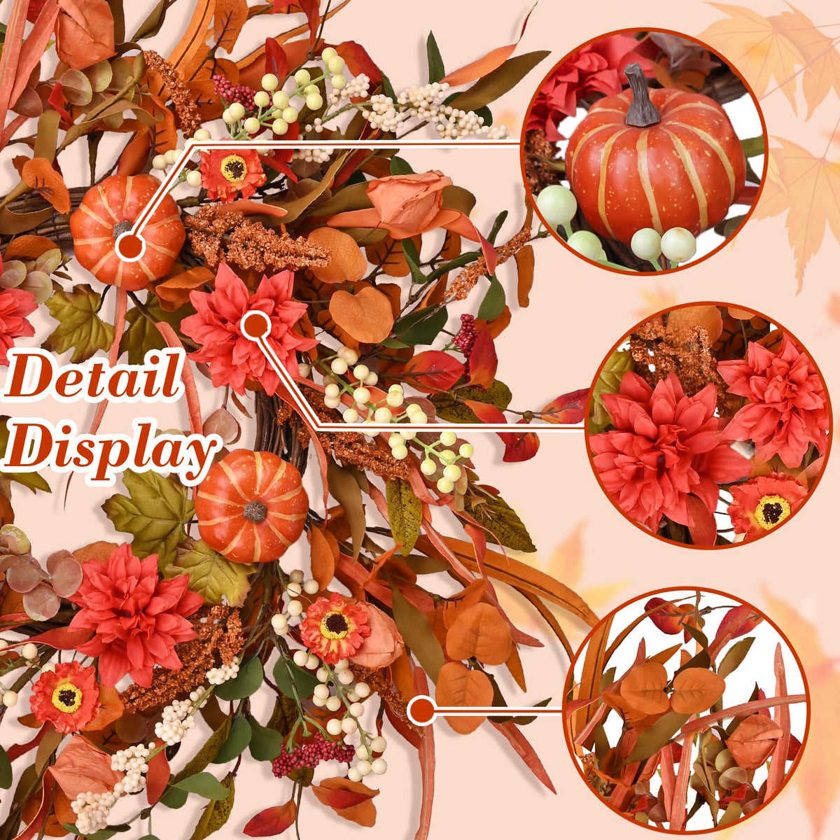 24" Pumpkin Fall Wreath with Colorful Mixed Leaves, Autumn Wildflower Artificial Wreath with Berry for Thanksgiving Halloween Front Door Home Wall Farmhouse Holiday Outdoor Indoor Décor