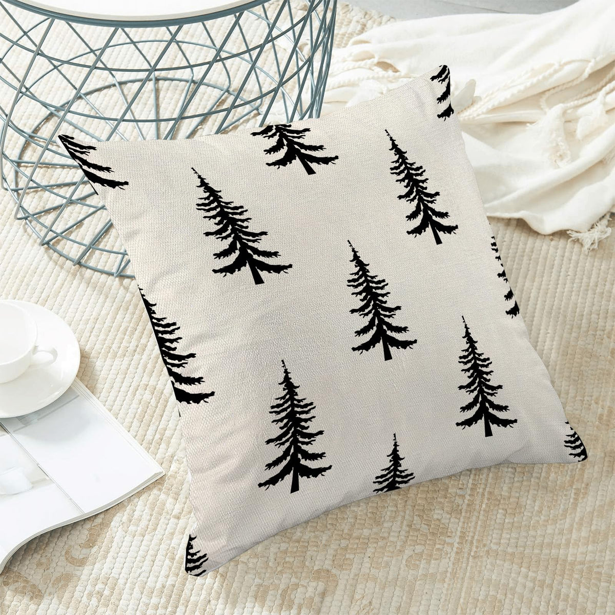 Christmas Pillow Covers 18x18 Inch Set of 2 Cream Black Christmas Tree Decor Throw Pillows Winter Xmas Holiday Outdoor Cushion Cases for Couch Bed Decorations