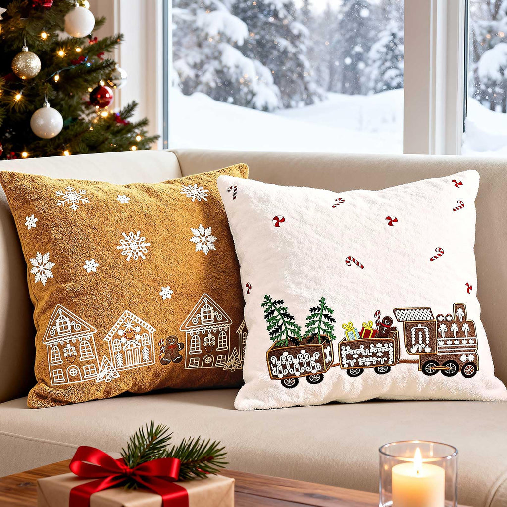 Lanpn 18x18 Christmas Pillow Covers Set of 2, Embroidery Gingerbread Man House Decorative Holiday Pillowcase Pillow Case Cushion 18 x 18 for Indoor Home Bedroom Sofa Couch Xmas Decor