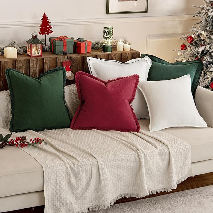MIULEE Christmas Decorative Throw Pillow Covers Neutral Linen Fringe Throw Pillows Set of 2 Burgundy Boho Farmhouse Cushion Covers with Tassels for Couch Sofa Bed Living Room Home Decor 18x18 Inch