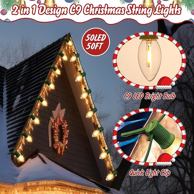 50 FT C9 LED Christmas Lights Outdoor With Clips, Large Bulb String Lights, Warm White Roofline Lights for House and Garden Xmas Decoration