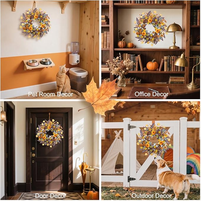 Fall Wreaths for Front Door, 20" Fall Wreath with Lights, Artificial Autumn Door Wreaths-Pumpkin, Berry Branch, Mixed Leaves Decor for Home Outside Indoor Wall Harvest Festival Thanksgiving Decoration