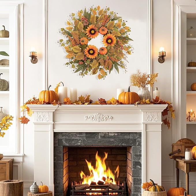 Fall Wreaths for Front Door 24 Inch Thanksgiving Autumn Wreath with Artificial Pumpkin Eucalyptus Sunflower Leaves Harvest Halloween Decorations Porch Farmhouse Outdoor Indoor Home Hanging Decor