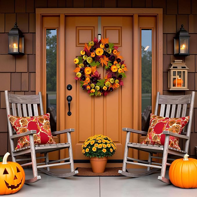 YULETIME 24" Fall Wreath, Artificial Autumn Wreath with Red, Orange, Green Maple Leaves and Orange, Purple, Green-Yellow Pumpkins (Pumpkin & Maple Leaf)