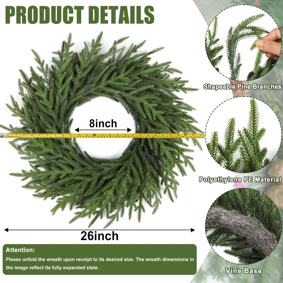 Artgar 26 Inch Pine Wreath - Christmas Wreaths for Front Door - Real Touch Pine Wreath - Large Artificial Green Wreaths for Walls Windows Porches Farmhouse Indoor Outdoor Home Decor