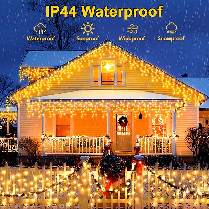 164FT 1600 LED Christmas Lights Outdoor Decorations with 320 Drops Timer 8Mode Curtain String Lights Waterproof Plug in Fairy Lights for Indoor,Xmas,Party,Patio,Window,Fence,Trees Decor(Warm White)