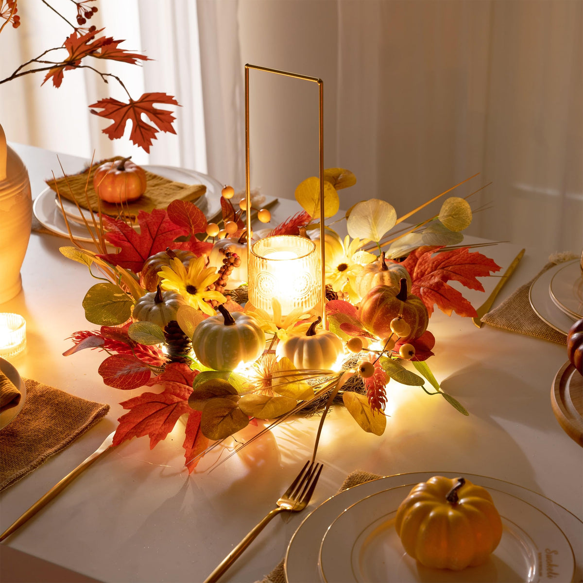 Valery Madelyn Fall Wreath with Lights for Front Door, 18" Halloween Door Wreath with White Pumpkins Silk Maple Leaves, Outdoor Fall Autumn Decorations for Home Porch Thanksgiving Harvest Table Decor