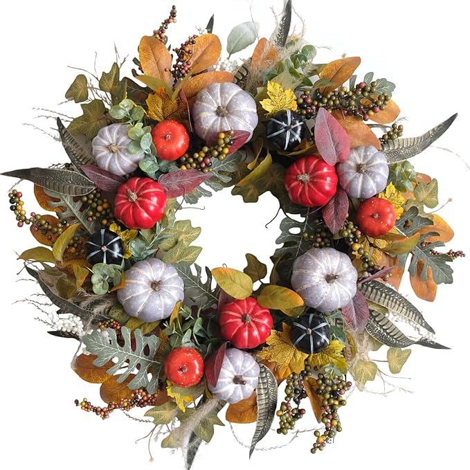 TEMPUS 24 Inch Fall Wreath Artificial Pumpkin & Grain Decor - Handcrafted Harvest Thanksgiving Wreath for Front Door, Wall, Farmhouse