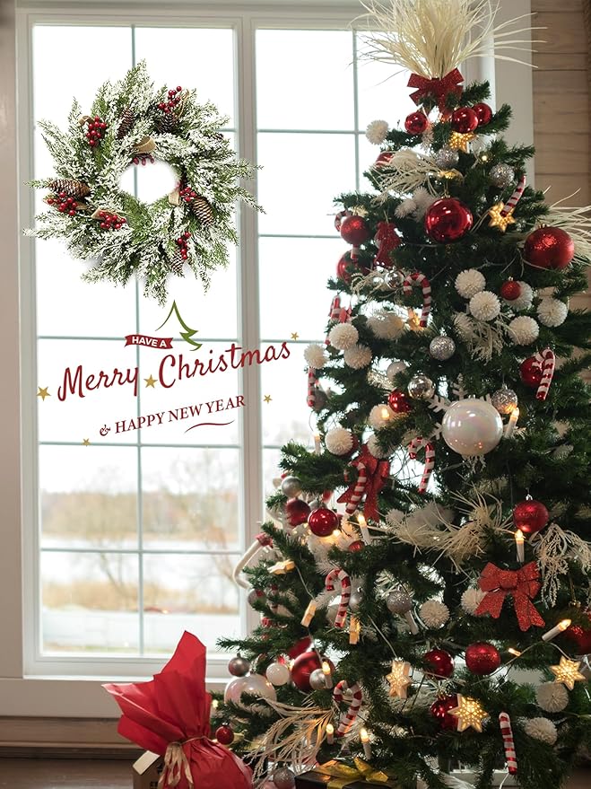 Artificial Christmas Wreath with Hanger for Front Door with Pine Cone, Red Berries, Burlap Ribbon & Snowflake, Indoor Outdoor Holiday Wall Windows Wreath Flocked with Mixed Decorations 23inch