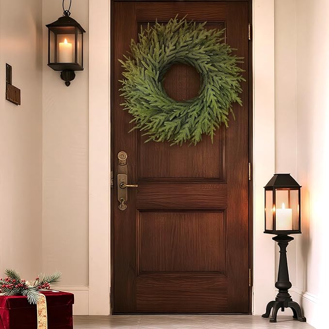26" Norfolk Pine Wreath for Front Door, Artificial Christmas Wreaths Faux Green Fake Pine Needles Wreath for Front Door Wall Windows Indoor Outdoor Christmas Decor