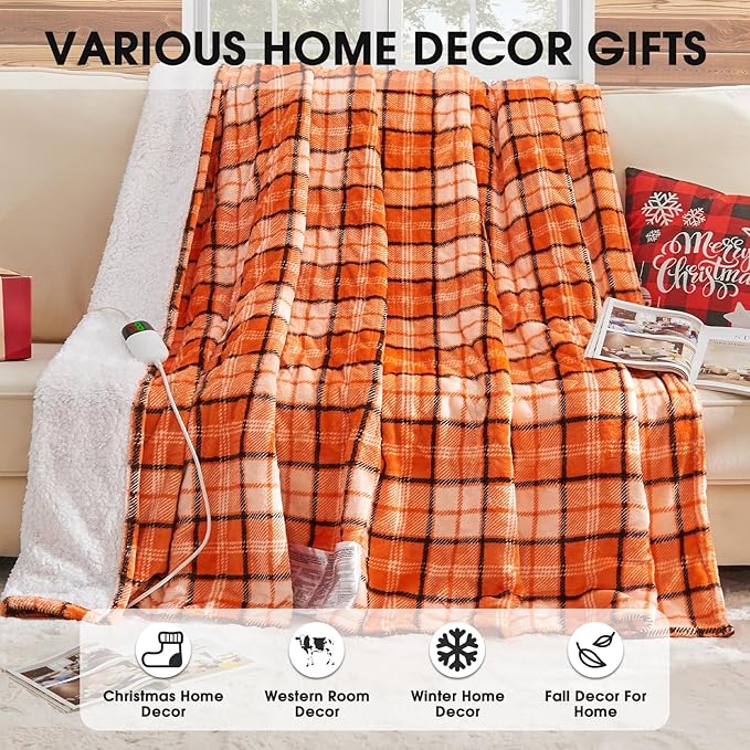 Heated Blanket Electric Twin Size,62X84 Orange Blanket,Plaid Soft Sherpa Heating Blankets Warmer Gift for Grandma Women Adults Halloween Washable