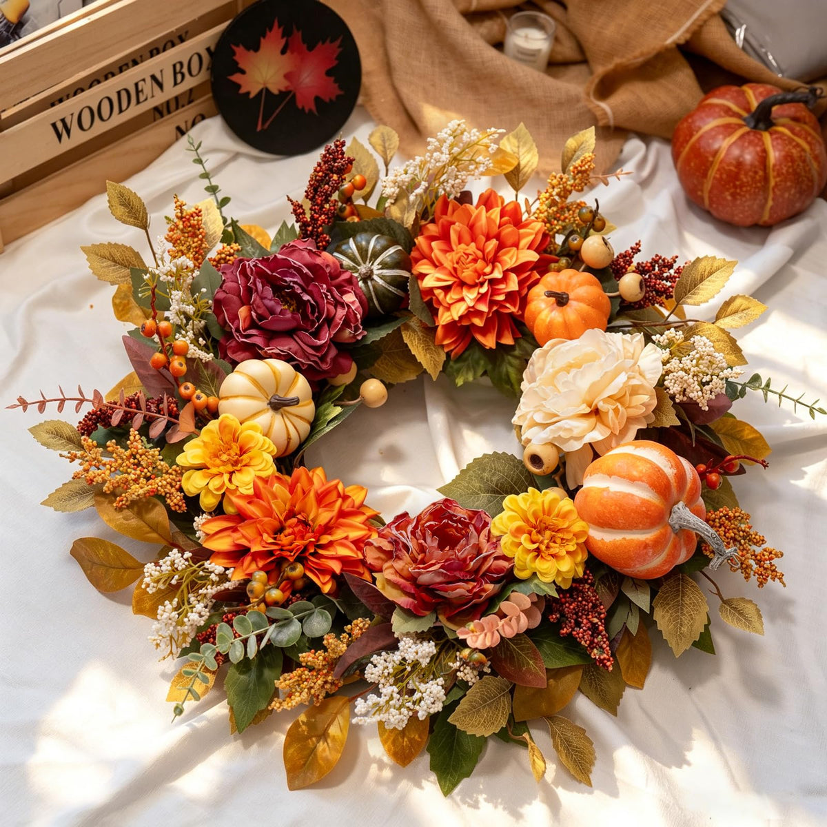 Fall Wreaths for Front Door 24 Inch Beautiful Fall Wreath with Pumpkins, Artificial Flowers & Leaves Harvest and Thanksgiving Pumpkin Fall Door Wreath for Indoor & Outdoor Autumn Decor