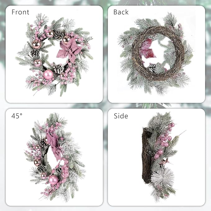 Pink Christmas Wreath 20 Inch Christmas Door Decorations Wreath Set of 2 with Christmas Balls, Pine Cones, Golden Twigs, Pine Needles and Silver Berries,Perfect for Front Door, Indoor Outdoor Use