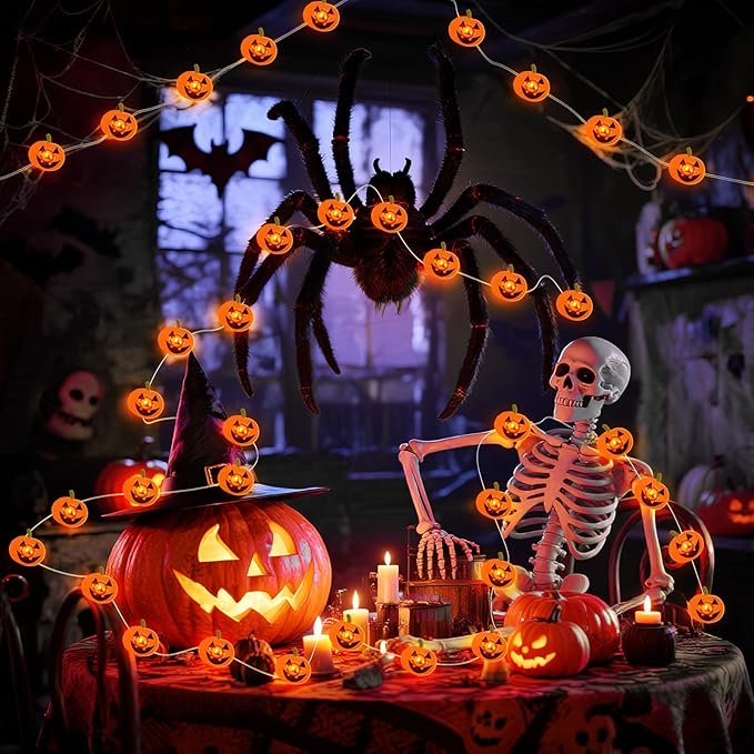 Halloween Pumpkin String Lights, 16 ft 50 LED Orange Battery Operated Lights for Lawns Garden Outdoor Holiday Party Decorations (1 Pack)