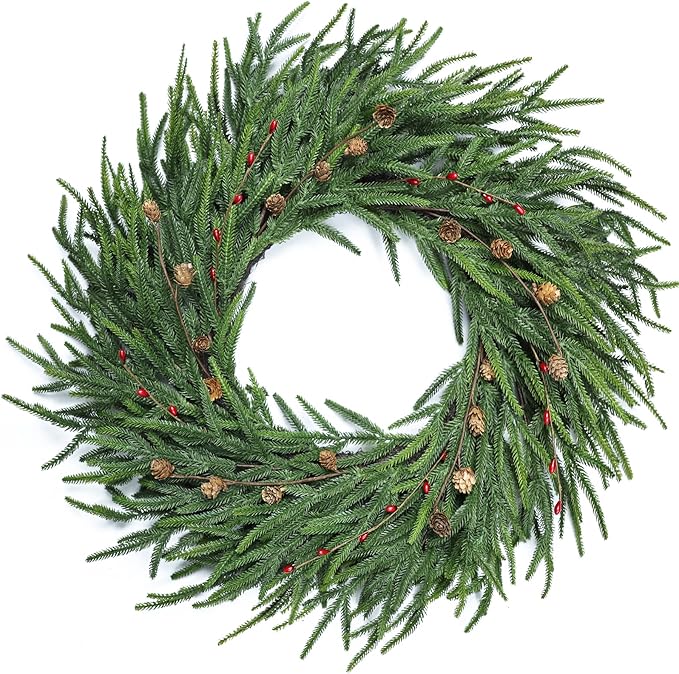 24 Inch Pine Wreath Christmas Wreaths for Front Door, Real Touch Pine Wreath with Red Berries Artificial Green Wreaths for Walls Windows Porches Farmhouse Indoor Outdoor Home Decor