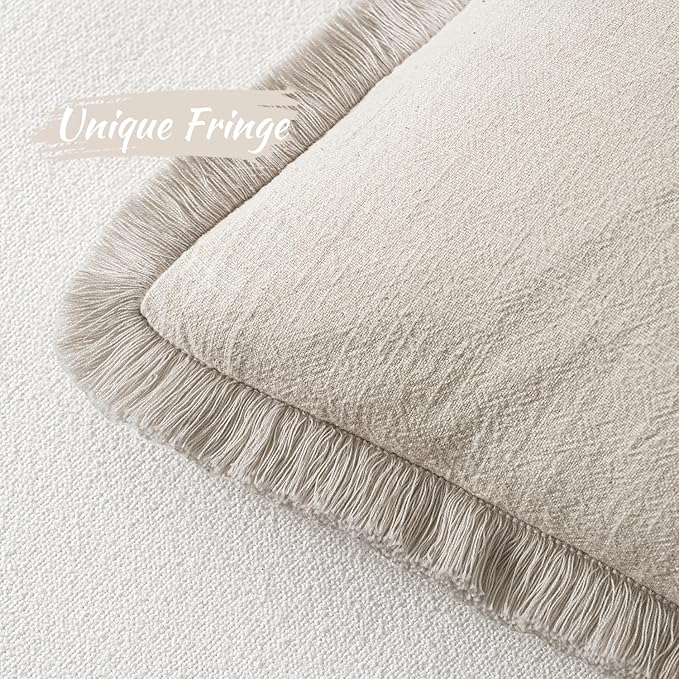 MIULEE Christmas Decorative Throw Pillow Covers Neutral Linen Fringe Throw Pillows Set of 2 Natural Beige Boho Farmhouse Cushion Covers with Tassels for Couch Sofa Bed Living Room Decor 16x16 Inch