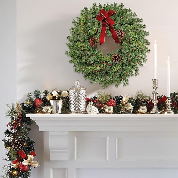 2PC Real Touch Pine Christmas Wreath 24 Inch Christmas Wreaths for Front Door Winter Wreath Artificial Green Wreaths Outdoor Christmas Decorations Indoor Outside Window Home Holiday Thanksgiving