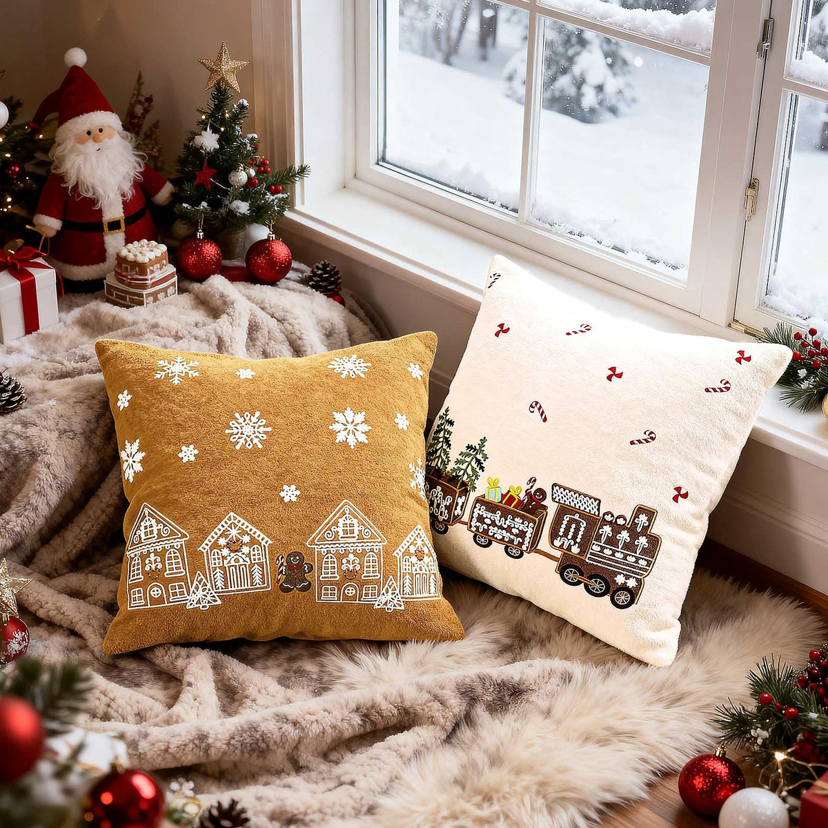 Lanpn 16x16 Christmas Pillow Covers Set of 2, Embroidery Gingerbread Man House Decorative Holiday Pillowcase Pillow Case Cushion 16 x 16 for Indoor Home Bedroom Sofa Couch Xmas Decor