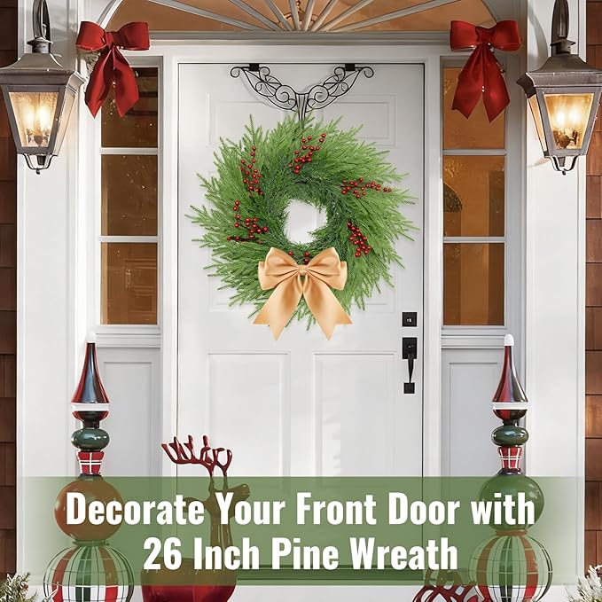 26 Inch Pine Wreath - Christmas Wreaths for Front Door - Real Touch Pine Wreath - Large Artificial Green Wreaths for Walls Windows Porches Farmhouse Indoor Outdoor Home Decor with Red Berries