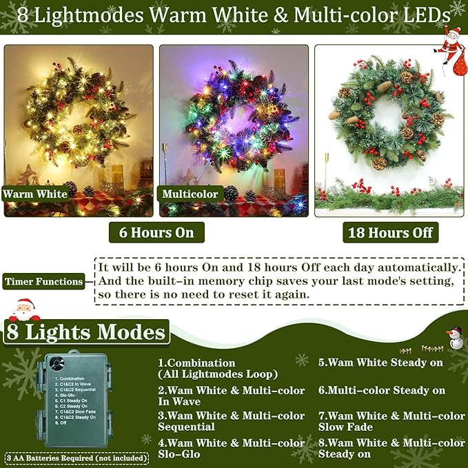 Christmas Wreaths for Front Door, Prelit Christmas Wreath with 30 Warm White & Colorful Lights 8 Modes Timer Pinecones Berried Norfolk Pine Wreath 20 Inch Xmas Wreath Decorations for Door Wall Windows
