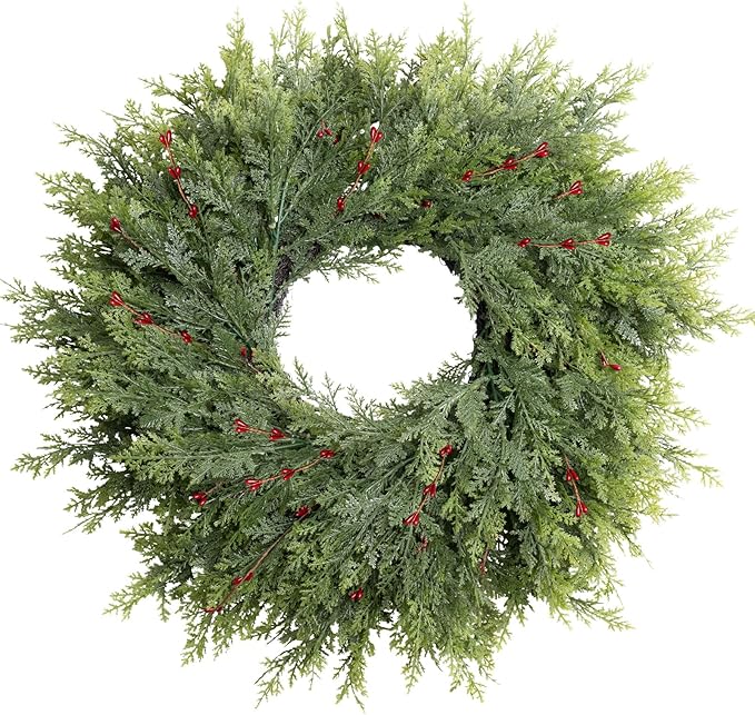 Christmas Decorations-26inch Large Christmas Cedar Wreath, Christmas Wreaths for Front Door with Cute Red Berry Wreaths, Door Wreath for Window Holiday Fireplace Indoor/Outdoor Yard Xmas Decor