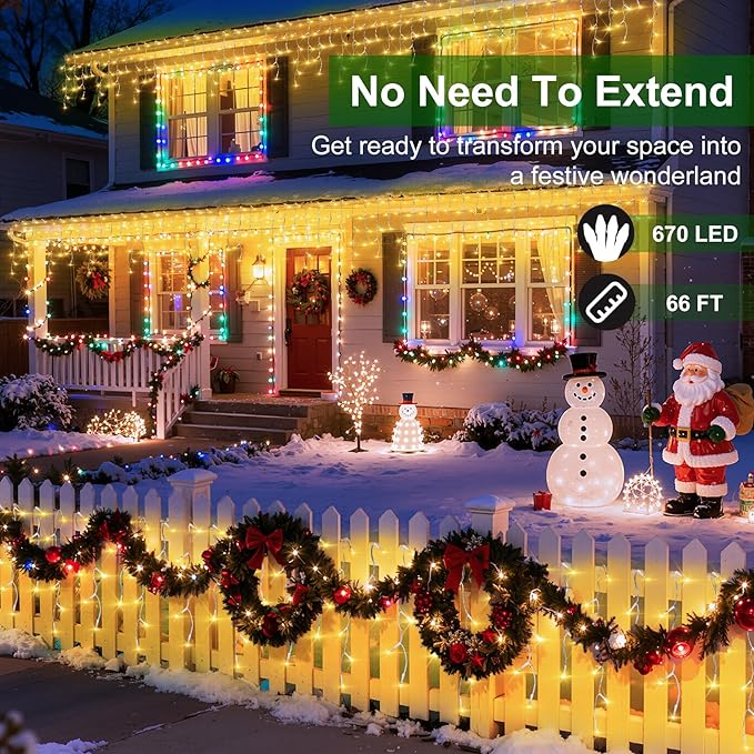 670 LED Christmas Lights with 148 Drops, 66ft 12 Modes Hanging ice String Lights with Timer & Dimmable & Waterproof, Plug-in Fairy Lights for Tree Holiday Wedding Party Christmas Decor Warm White