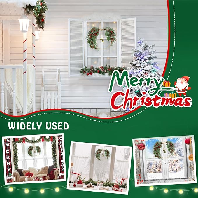 Christmas Wreath for Front Door Artificial Half Circle Wreaths with Bell Pine Cones Red Berries Eucalyptus Leaves Outdoor Wreath for Farmhouse Front Porch Window Christmas Decorations