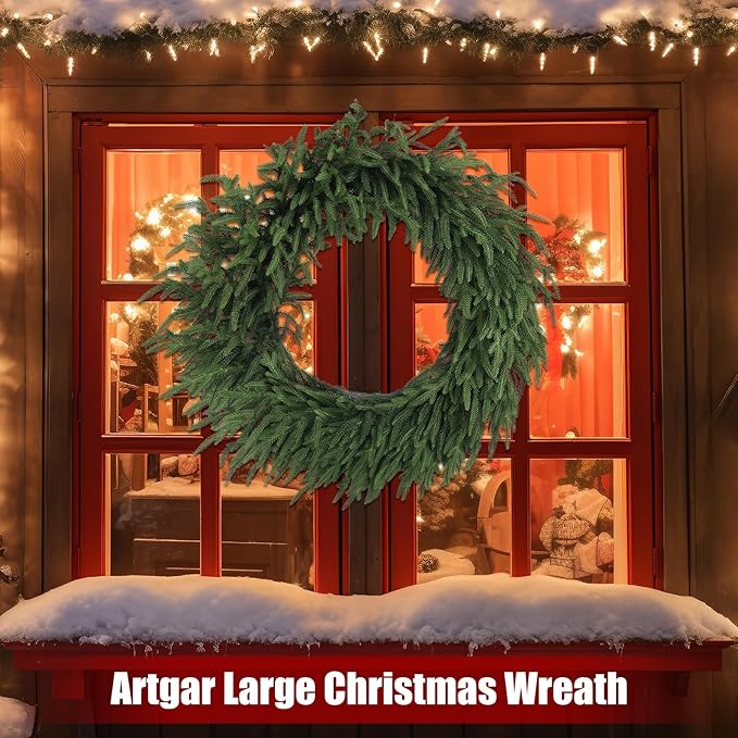 Artgar 30 Inch Christmas Pine Wreath Christmas Wreaths for Front Door, Real Touch Artificial Green Pine Wreath for Home Indoor Outdoor Wall Window Porch Farmhouse Winter Decor