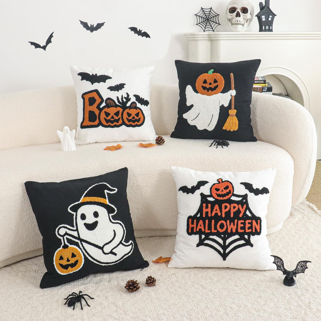 Jonhier Halloween Black Throw Pillow Cover, Embroidered Pumpkin Ghost Decorative Cushion Case for Sofa Bed Patio, Textured Pillowcase Thanksgiving Fall Decor Indoor Outdoor (Pumpkin Man, 18” x 18”)