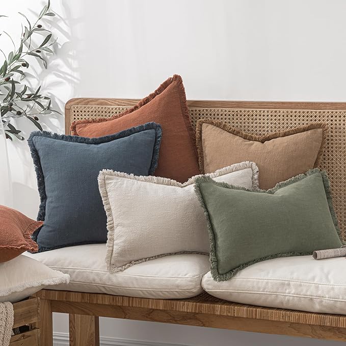 MIULEE Christmas Decorative Throw Pillow Covers Neutral Linen Fringe Throw Pillows Euro Shams Set of 2 Natural Beige Boho Farmhouse Cushion Covers for Couch Sofa Bed Living Room Home Decor 24x24 Inch