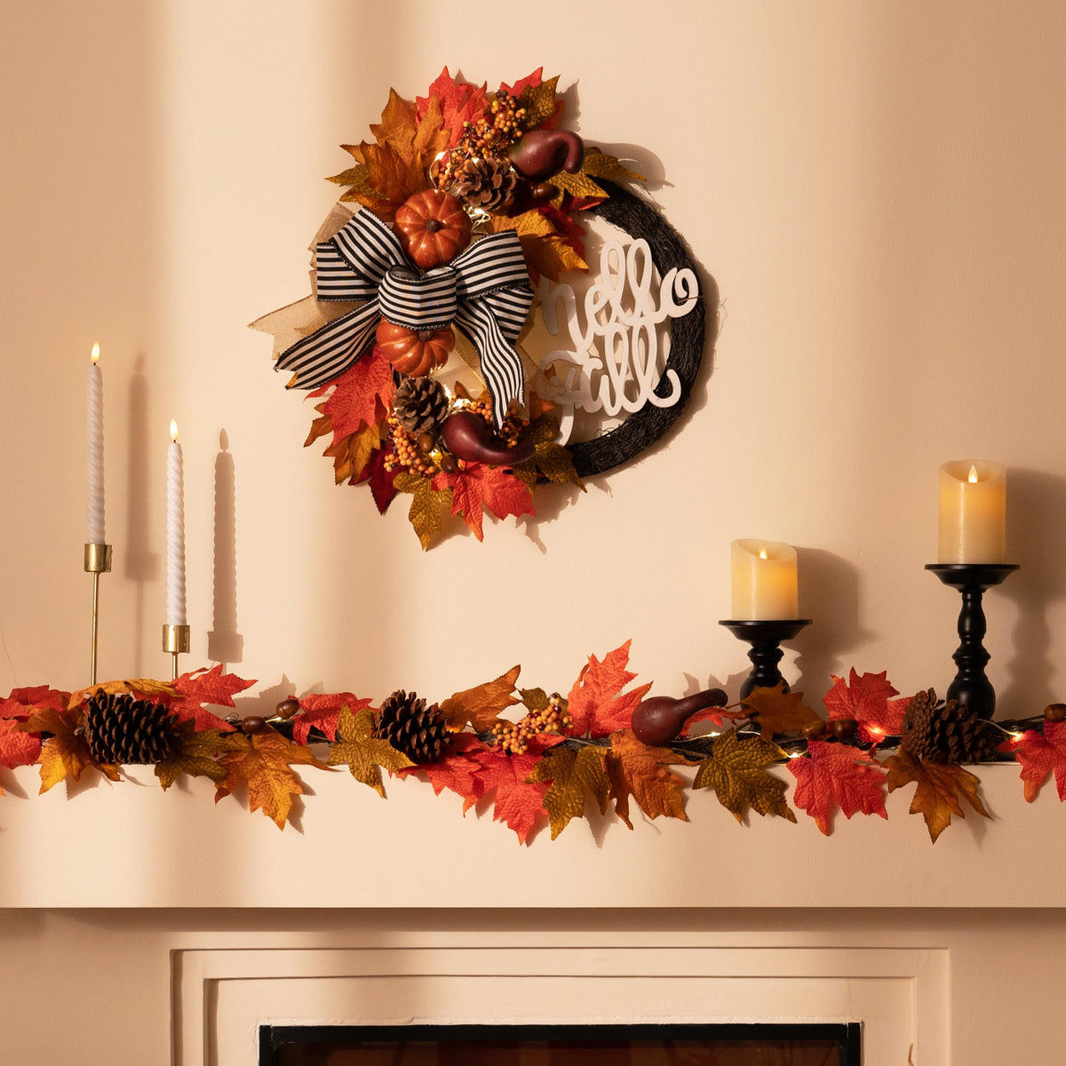 Valery Madelyn 22'' Collapsible Fall Wreaths for Front Door, Farmhouse Autumn Door Wreath with Lights Pumpkins Bow Outdoor Fall Halloween Decorations for Home Porch Thanksgiving Harvest Outdoor Decor