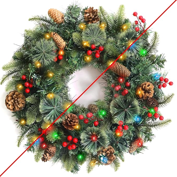 24 Inch Foldable Christmas Wreaths for Front Door, Lighted Christmas Wreath with Pinecones Berried 50 Warm White & Multicolor Lights 8 Modes Timer Norfolk Pine Wreath Xmas Wreaths for Door Wall Window