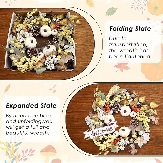 Fall Wreaths for Front Door Outside Decor, 22" Pumpkin Berry Maple Leaves Pine Cone Wreath Autumn Decorations with Bow and Hanging Sign for Thanksgiving Home Outdoor Indoor Porch Harvest