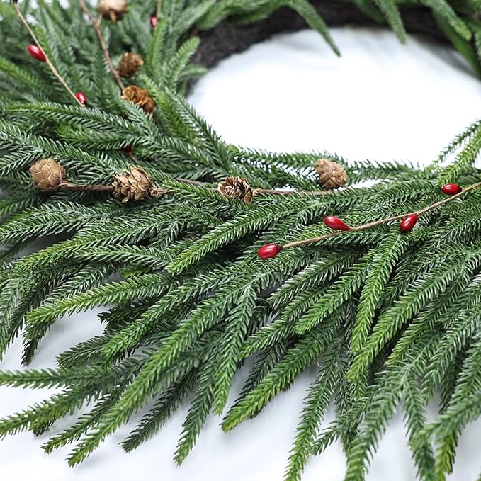 24 Inch Pine Wreath Christmas Wreaths for Front Door, Real Touch Pine Wreath with Red Berries Artificial Green Wreaths for Walls Windows Porches Farmhouse Indoor Outdoor Home Decor
