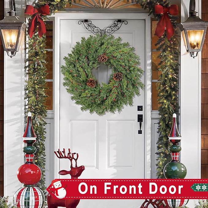 2PC Real Touch Pine Christmas Wreath 24 Inch Christmas Wreaths for Front Door Winter Wreath Artificial Green Wreaths Outdoor Christmas Decorations Indoor Outside Window Home Holiday Thanksgiving
