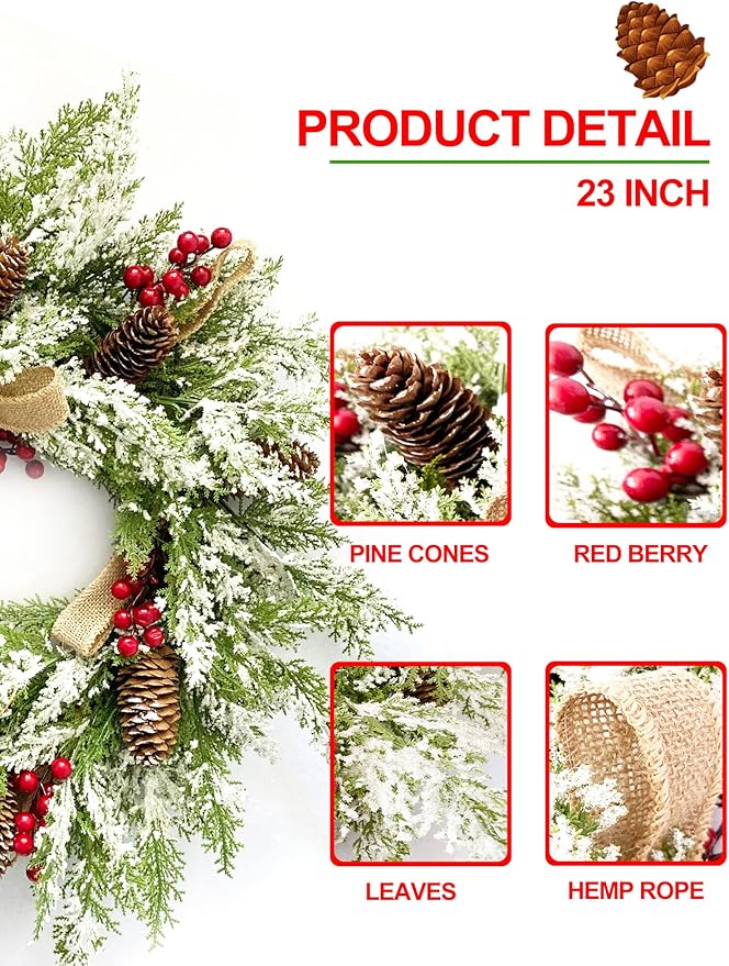 Artificial Christmas Wreath with Hanger for Front Door with Pine Cone, Red Berries, Burlap Ribbon & Snowflake, Indoor Outdoor Holiday Wall Windows Wreath Flocked with Mixed Decorations 23inch