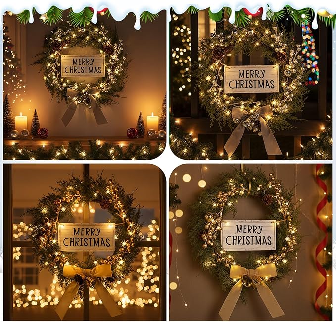 Lighted Christmas Artificial Cedar Wreath for Front Door with Hanger Christmas Wreaths Faux Norfolk with Velvet Bow LED Lights Jingle Bells Pinecone Berries Indoor Window Xmas Holiday Decor(Gold)