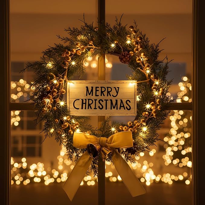 Lighted Christmas Artificial Cedar Wreath for Front Door with Hanger Christmas Wreaths Faux Norfolk with Velvet Bow LED Lights Jingle Bells Pinecone Berries Indoor Window Xmas Holiday Decor(Gold)