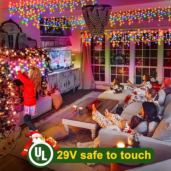 50FT 480 LED Christmas Lights Outdoor Decorations with 90 Drops Timer 8Mode Curtain String Lights Waterproof Plug in Fairy Lights for Indoor,Xmas,Party,Patio,Window,Fence,Trees Decor(Multicolor)