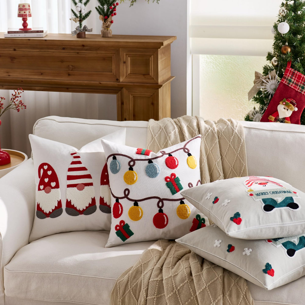 Farmhouse Christmas Pillow Covers 18x18 Set of 2, Xmas Embroidered Throw Cushion Cases with Festive Patterns for Rustic Home Holiday Decor (New Year White, 18" x 18" (Pack of 2))