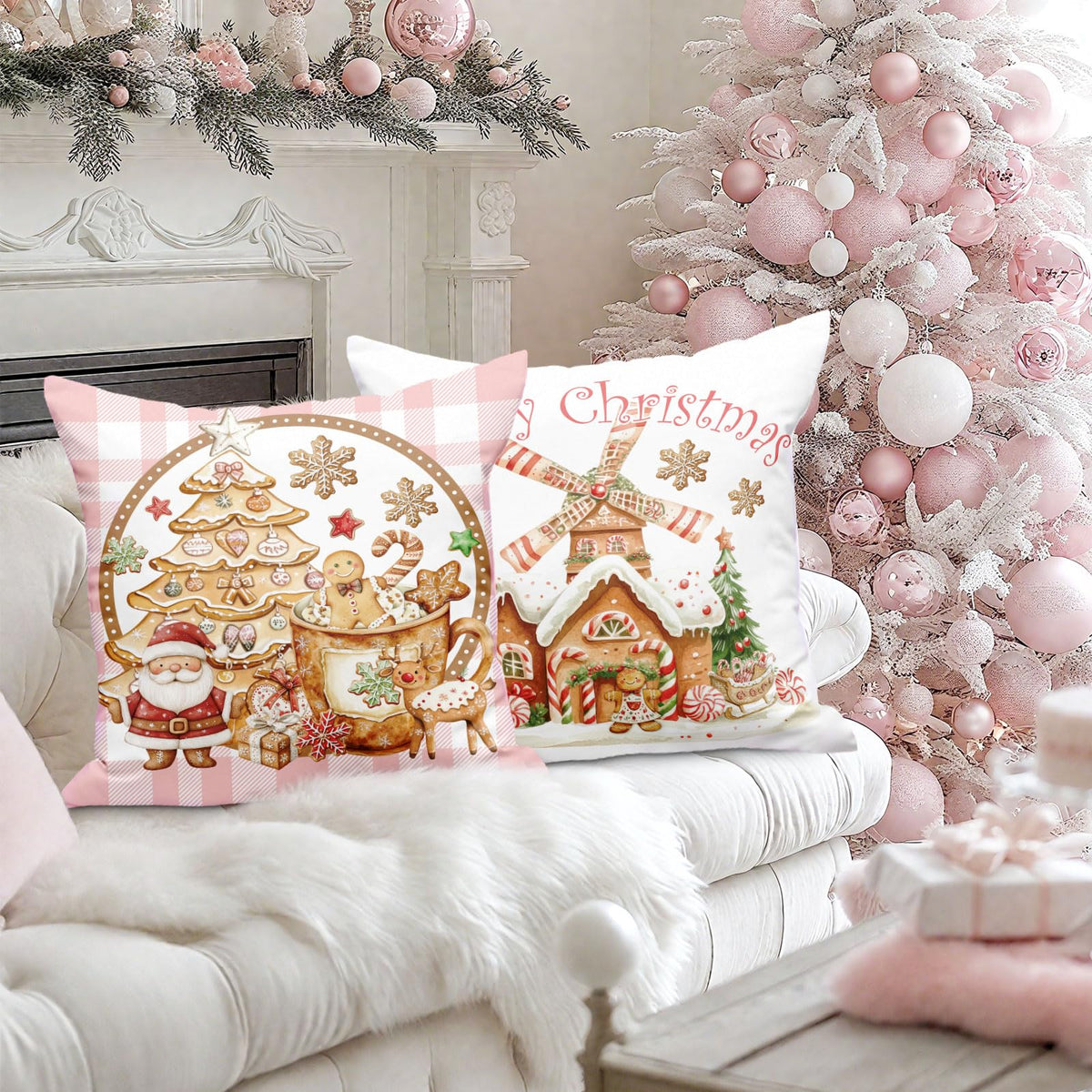 Lanpn Christmas Throw Pillow Covers 18x18 Set of 4, Gingerbread Man House Pillow Covers Christmas Pillowcase Decorative Cushion Cover for Home Bedroom Couch Sofa Decor (Pink)