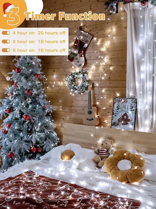Christmas Lights 600LED 98FT, Waterproof Outdoor String Lights with Remote and Timer, 8 Modes Dimmable Fairy Lights for Indoor Outdoor Wedding Party Holiday Decorations (Cool White)