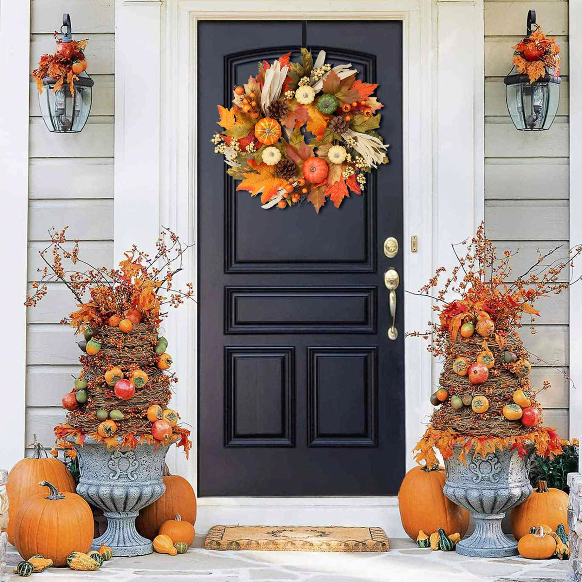 Fall Wreaths for Front Door, 20inchs Autumn Wreath with Hangers Pumpkin Maple Autumn Harvest Wreath Fall Decorations for Home Ideal Thanksgiving Decorations Wall Window Party Decor Indoor Outdoor