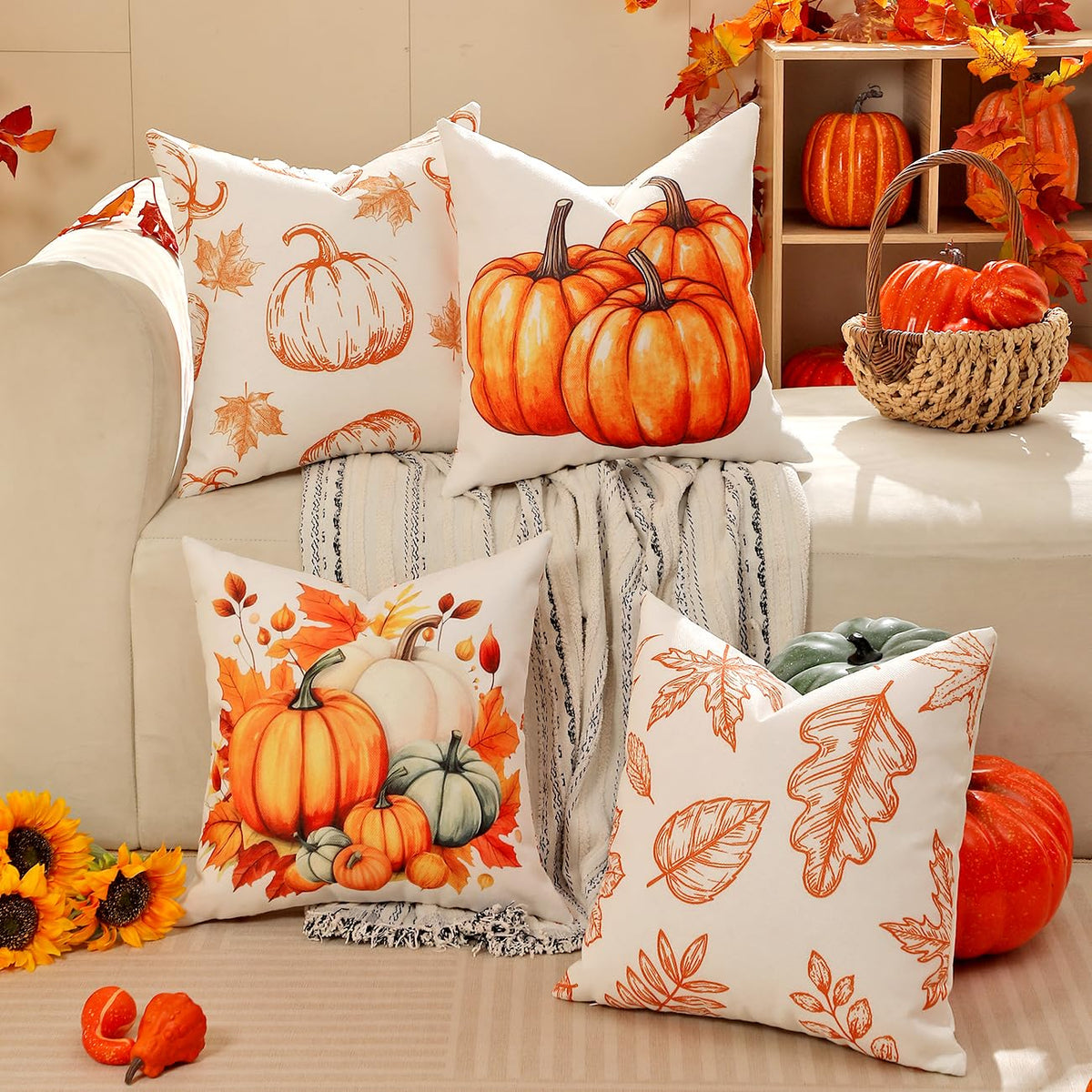 TOYPOPOR Fall Decorations for Home, 4 Packs Double Sided Throw Pillow Covers, Buffalo Plaid Thanksgiving Front Porch Farmhouse Cushion Cases Indoor Outdoor Autumn Decor for Couch, Living Room 18x18