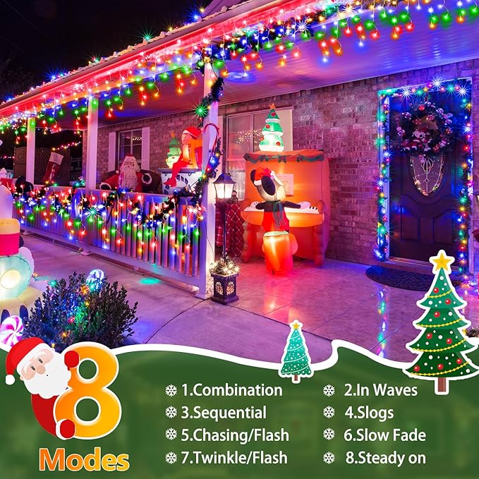 50FT 480 LED Christmas Lights Outdoor Decorations with 90 Drops Timer 8Mode Curtain String Lights Waterproof Plug in Fairy Lights for Indoor,Xmas,Party,Patio,Window,Fence,Trees Decor(Multicolor)