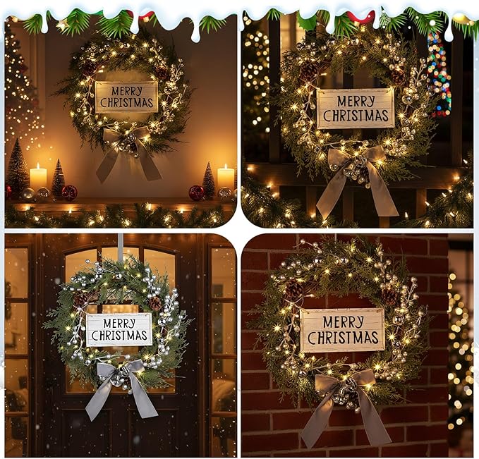 Lighted Christmas Artificial Cedar Wreath for Front Door with Hanger Christmas Wreaths Faux Norfolk with Velvet Bow LED Lights Jingle Bells Pinecone Berries Indoor Window Xmas Holiday Decor(Silver)