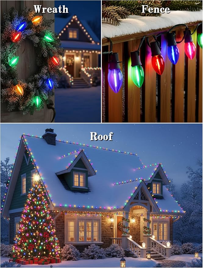 C9 LED Christmas Lights Outdoor,25FT Multicolored Christmas Lights with 26 Colorful Clear Multicolor LED Bulbs,Connectable Old Fashioned Xmas light for Garden Patio Xmas Tree Party Home Decor