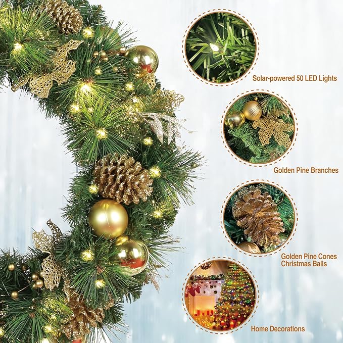 Solar Christmas Wreath 24 Inch Pre-Lit Solar 50 Led Artificial Wreath for Front Door Window Home Decor Decorated with Golden Pine Cones Christmas Balls Glitter Pine Branches (2402)